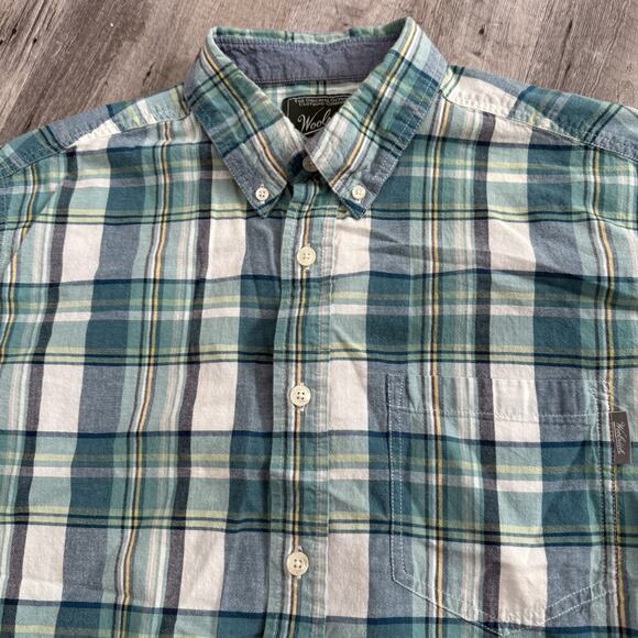 Woolrich Madras Plaid Shirt Mens Large Blue Green Organic Cotton Button Down - Picture 3 of 6
